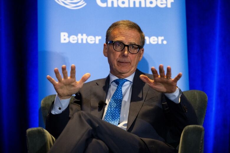 Bank of Canada governor Tiff Macklem gestures during a question and answer session at the Calgary Chamber in September 2023.