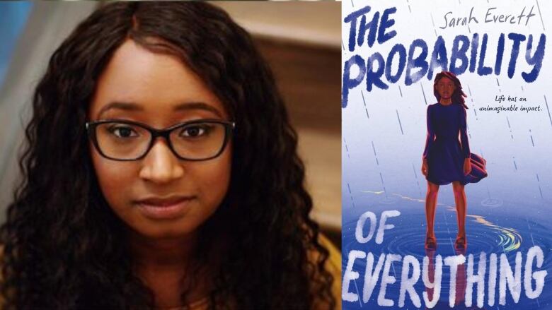 A Black woman with curly hair and glasses looks at the camera. A book cover of a girl in a dress standing in the rain. 