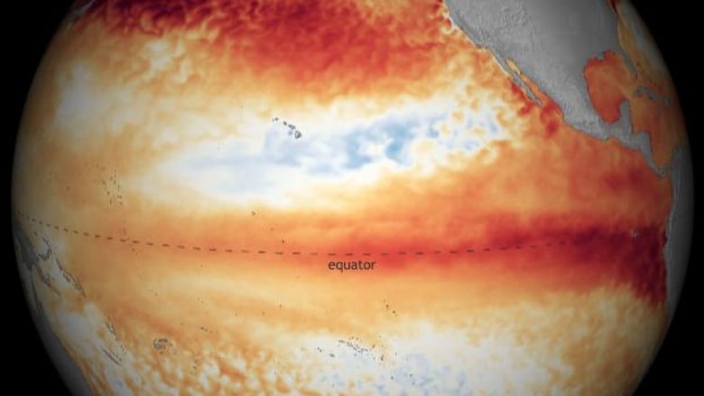 A map of Earth shows the warming in an area of the Pacific Ocean known as El Nio, in red.