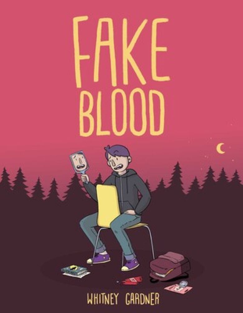 Fake Blood by Whitney Gardner. Illustrated book cover of a young kid staring into a mirror sitting on a yellow chair in the dark woods under a red night sky.