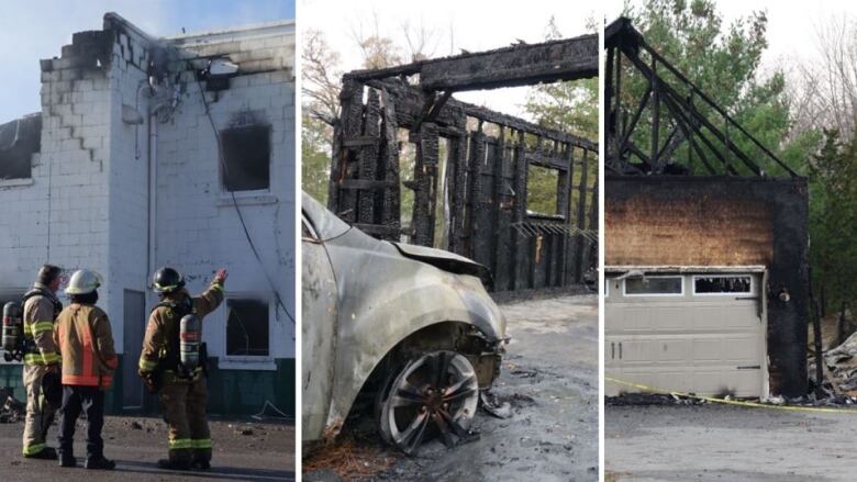 A compilation of three photos is shown. The first has three firefighters standing in front of a smoldering building with green and white bricks. The second shows a melted wheel and vehicle parked in front of the skeleton of a burned garage. The third is taken from further away and shows the skeleton of a burned garage roof.