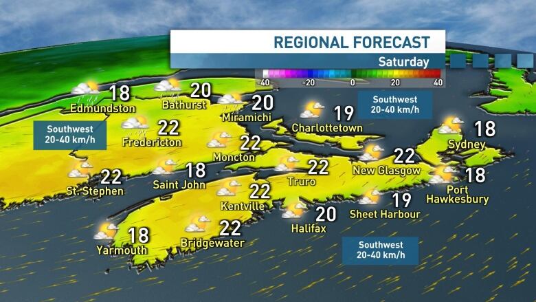 This map shows high temperatures on Friday in the Maritimes.