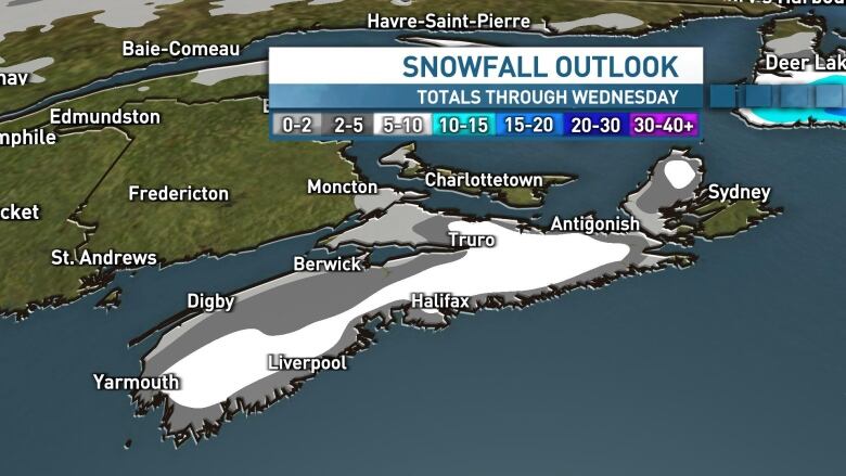 This image shows a snowfall map of Nova Scotia with widespread snowfall totals of a trace to 5 c and the potential for 5 to 10 cm for inland.