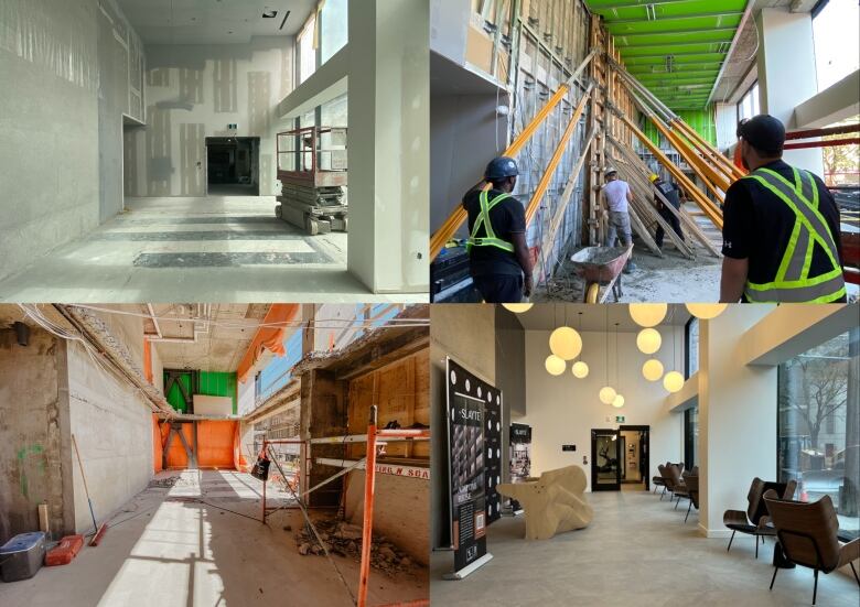 Four images show a long room being built in stages from bare concrete to fully furnished.