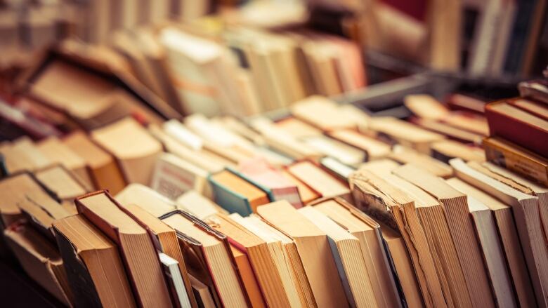 Books lined up on cards all with spines pointing away from camera