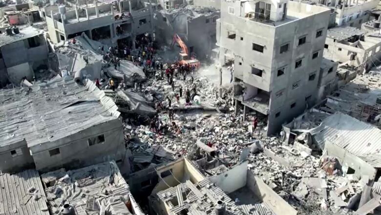 A destroyed neighbourhood after an airstrike.