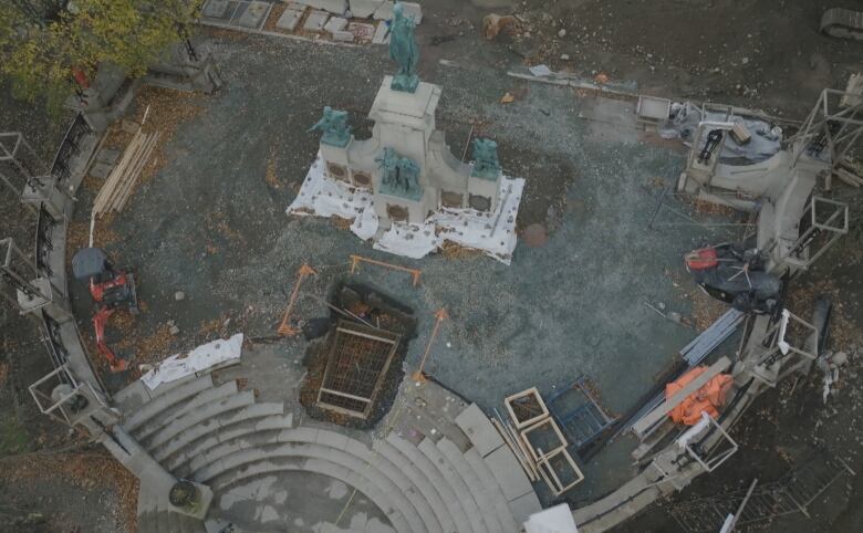 An aerial photo of the Newfoundland National War Memorial as it undergoes a major restoration.