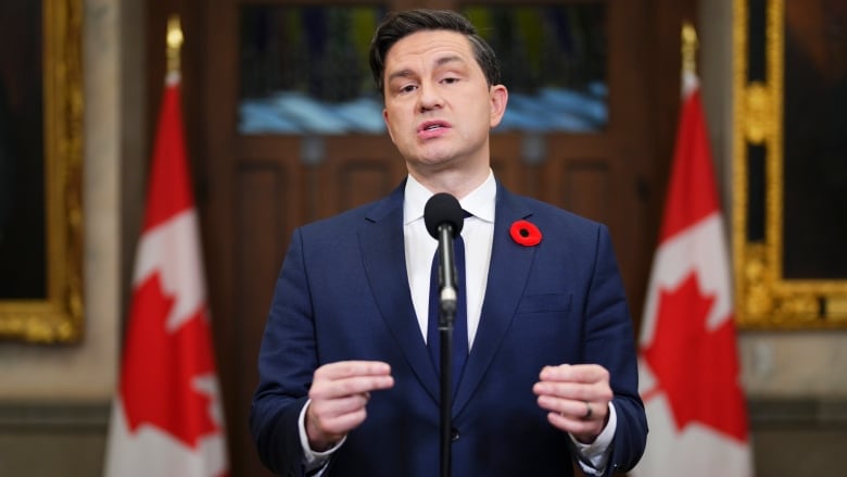 Conservative Leader Pierre Poilievre speaks to reporters in the foyer of the House of Commons on Parliament Hill in Ottawa on Monday, Nov. 6, 2023. THE CANADIAN PRESS/Sean Kilpatrick