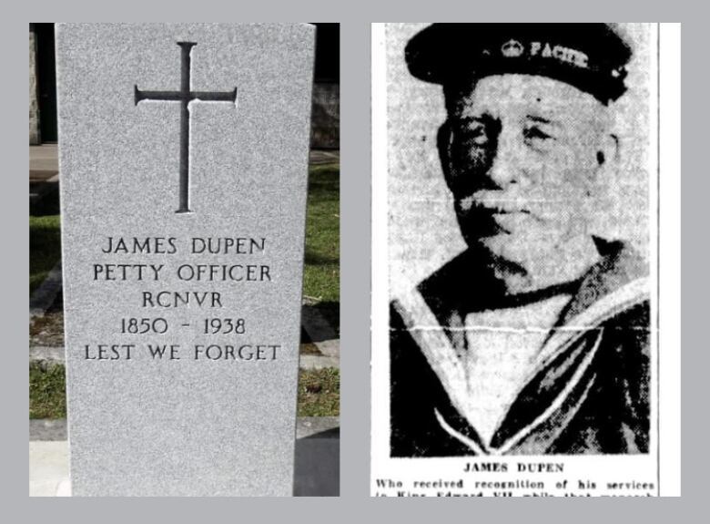 Split image of a headstone on the left and a sailor in uniform on the right