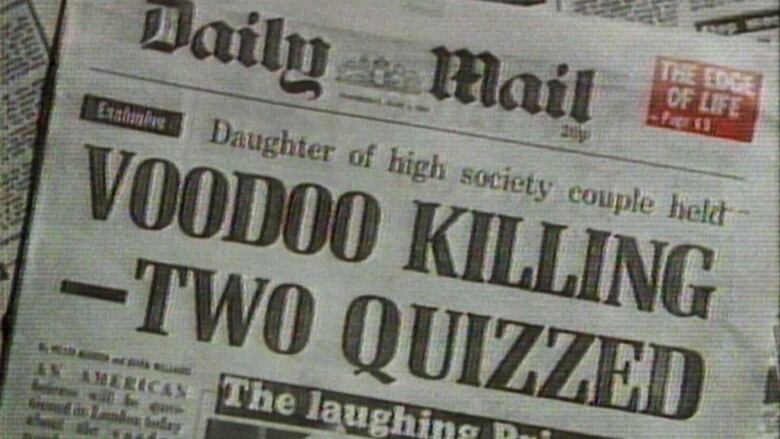 A tabloid headline from the daily mail reads: Voodoo killing -- two quizzed. Above, the headline says: Daught of high society couple held. 