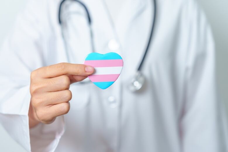 Stock image of a person wearing a lab coat and stethoscope, pictured from the shoulders down, holding out a small plastic heart with light blue, pink and white stripes  the colours of the transgender pride flag. 