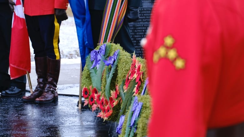 wreaths are laid against a memorial at Batoche in Saskatchewan