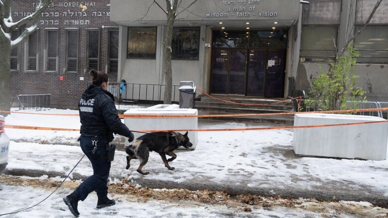 A police officer with a dog inspect an area outside a school