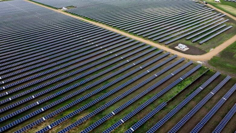 Aerial view of a large field of solar panels