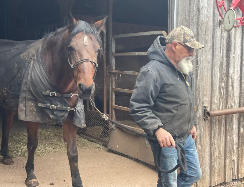 Man wearing a grey coat walks a horse