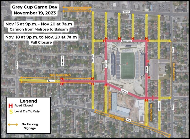 A map showing road closures in east Hamilton around Tim Hortons Field. 