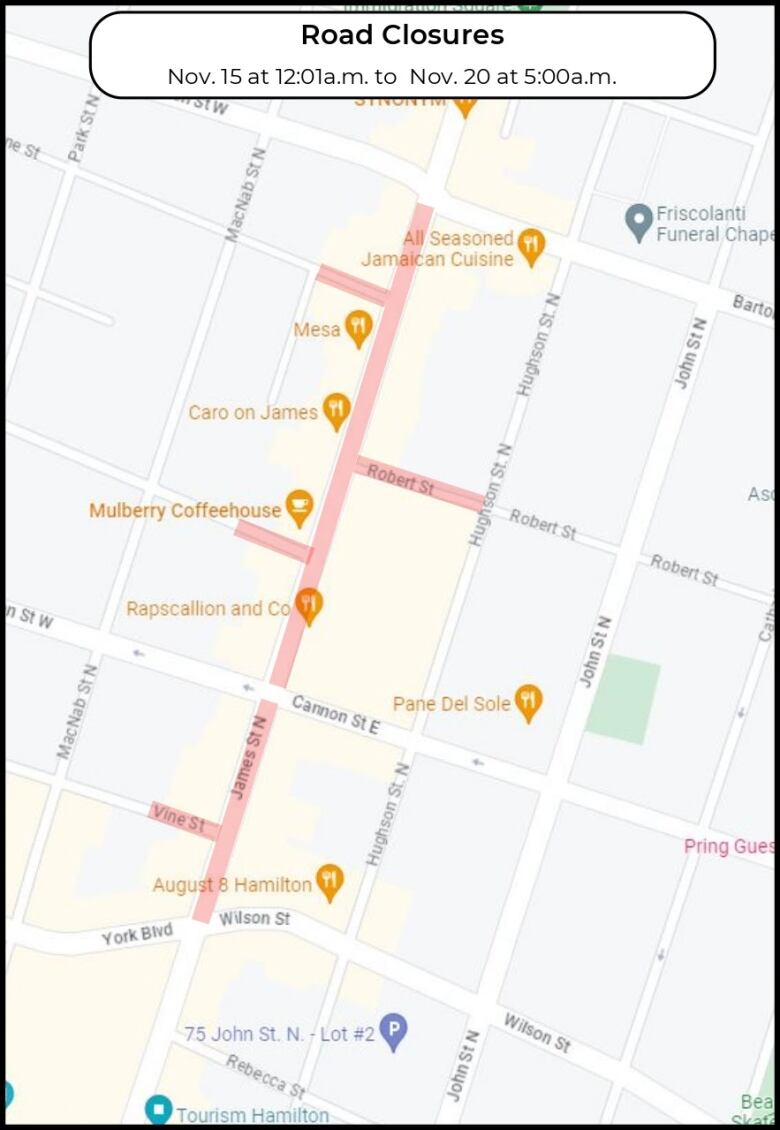 A map showing road closures along James Street North.