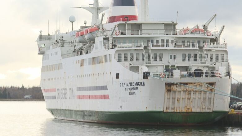 A large white boat with blue, whiet and red stripes docked ashore.