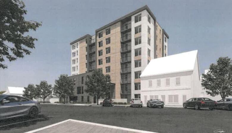 An artist's rendering of a proposed eight-storey apartment building, with light-coloured cladding and black iron balconies. 