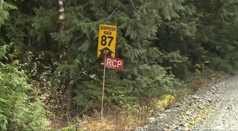 A road sign on a logging road