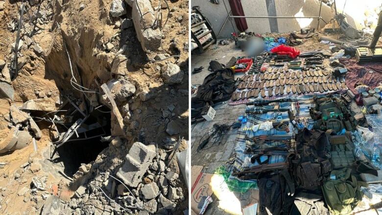 In this photo collage, a large hole to is surrounded by damaged debris on the left while multiple weapons are laid out on the ground to the right.  