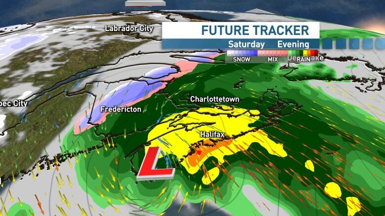 a map shows a weather radar of a storm moving on land Saturday evening 