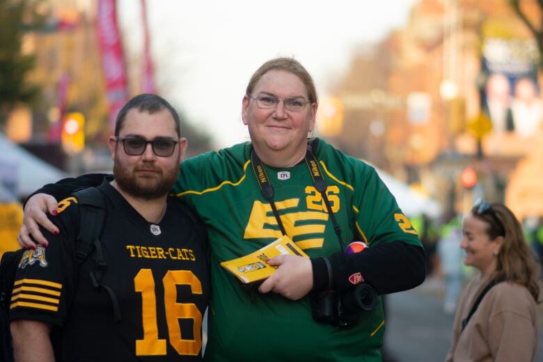 Edmonton Elks fan Billie Sheridan (right) takes in the Grey Cup week celebrations on Thursday Nov. 16, 2023 on James Street North in Hamilton. 