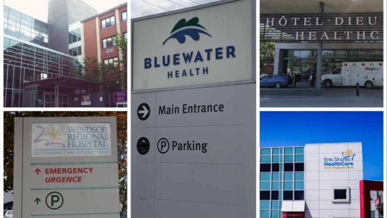 A collage featuring signs or exteriors of five hospitals.