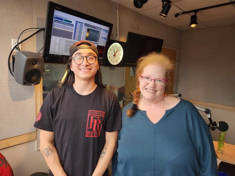 a photo of Poppa Nuge / Nuge Bird and Rosemary Thompson standing side by side at the CBC Kelowna studio 