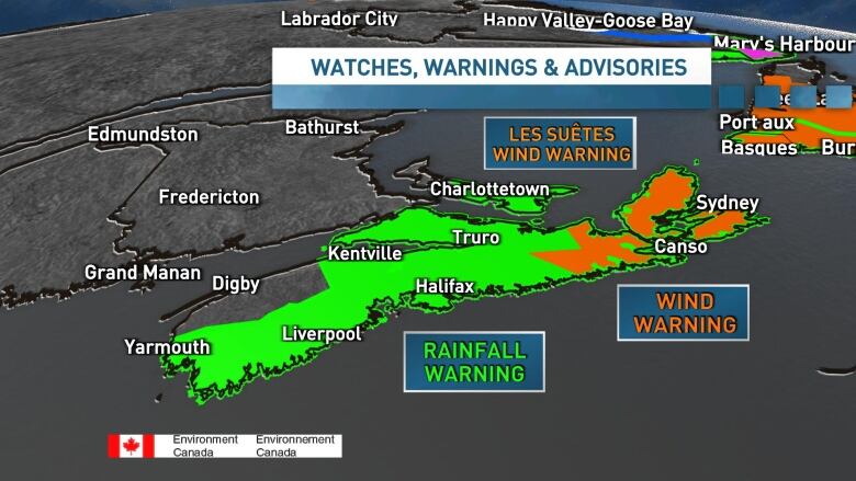 This graphic shows rainfall warnings in effect for most of Nova Scotia and Wind Warnings in place for eastern Nova Scotia & Cape Breton.