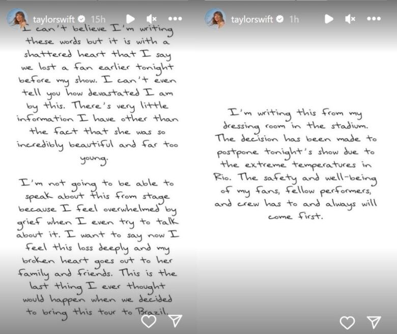 Two screenshots of handwritten messages on Taylor Swift's Instagram account. 