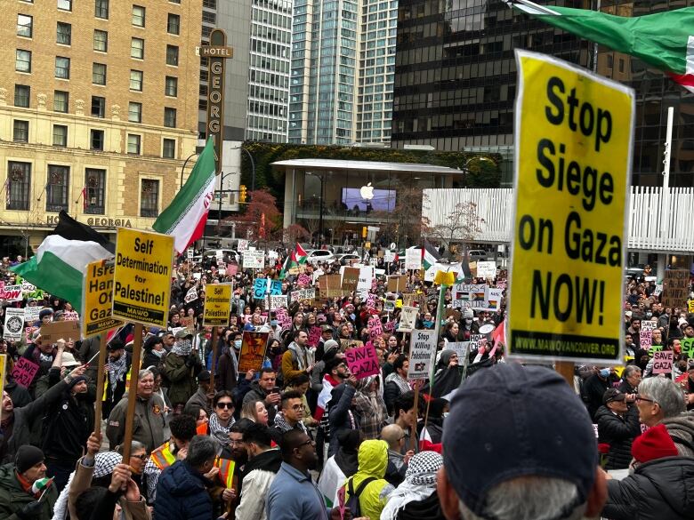 Hundreds of people gather with Palestinian flags and placards calling for a ceasefire.