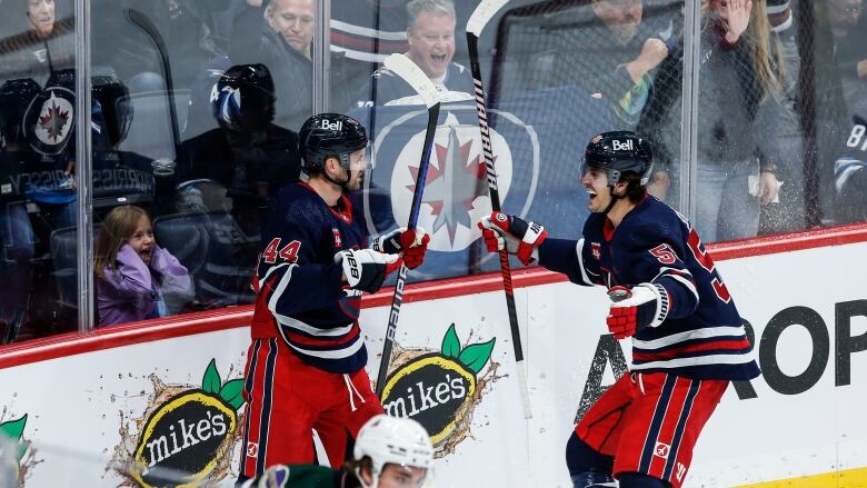 Two hockey players hold their sticks up in the air as they skate toward each other.