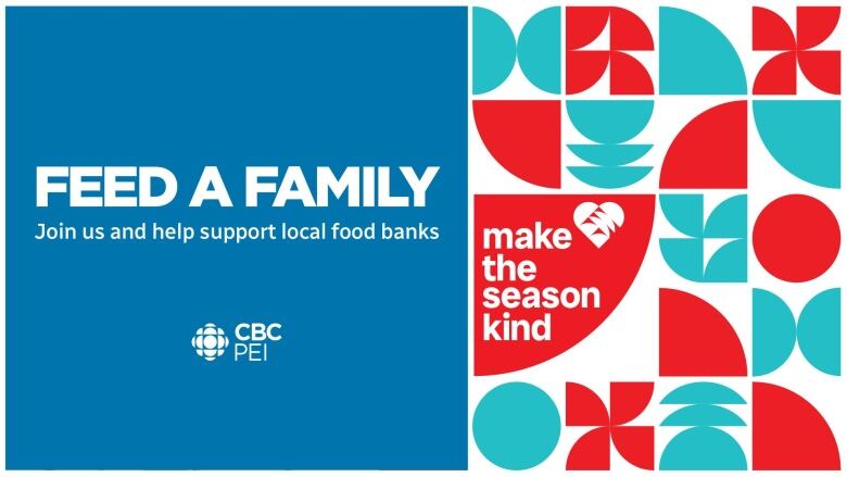 A poster for the Feed A Family campaign in PEI. On the left is a blue box with Feed A Family is capital letters with 