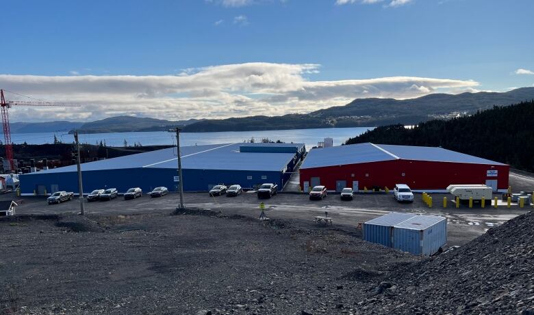 a wide shot of aquaculture buildings in Marystown.