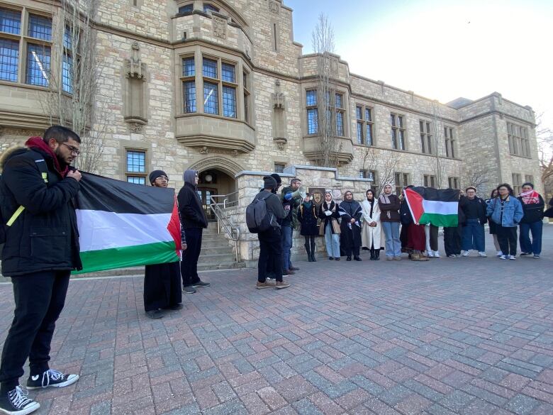 Protesters gathered Monday on the University of Saskatchewan campus in Saskatoon to call for a cease fire in Gaza.