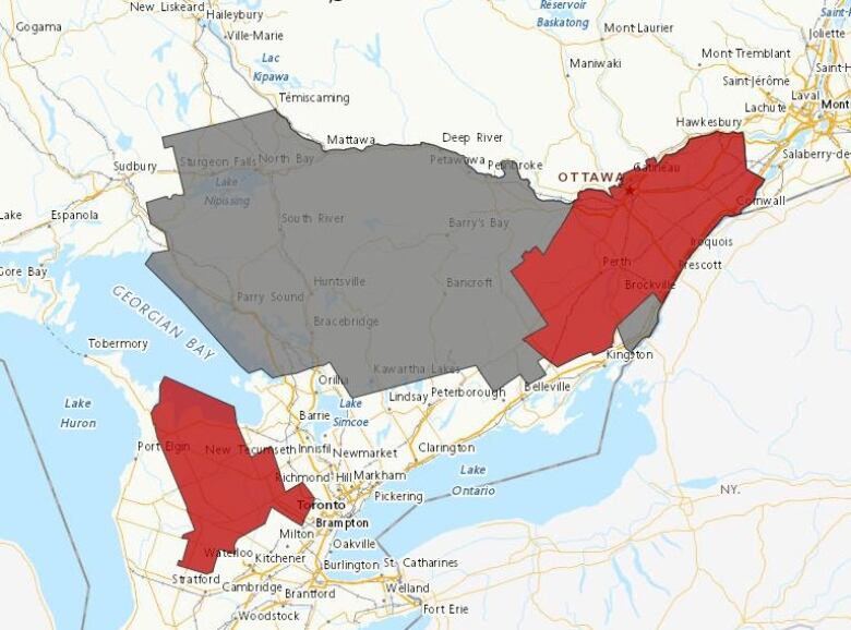 A weather map of southern Ontario, with the Ottawa area shaded in red and areas west shaded in grey.