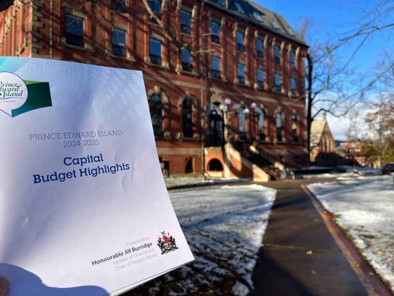 The front page of a document with the title capital budget highlights is held up in front of a large brick building on a sunny day. 