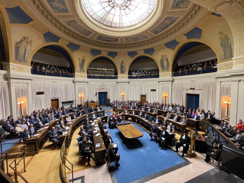 A group of people sit in a legislative chamber.