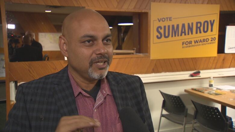 Suman Roy, a candidate in the council race byelection for Ward 20, Scarborough Southwest speaks in his campaign headquarters.