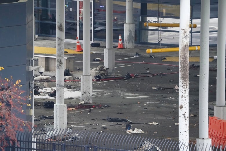 Debris is scattered inside the customs plaza at the Rainbow Bridge border crossing, Wednesday in Niagara Falls, N.Y.