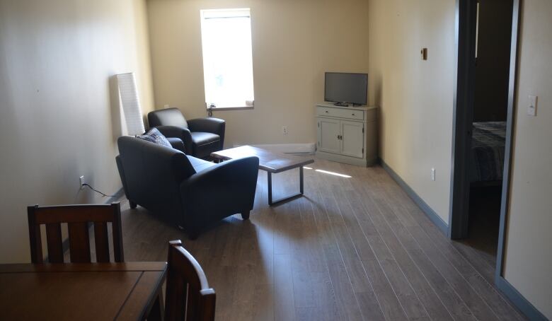 An apartment showing a dining room table, couches, chairs and television