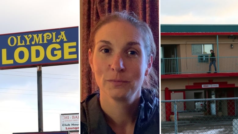 A collage is pictured. At left, a sign that reads Olympic Lodge. At middle, a woman's face is pictured. At right, the exterior of a motel is pictured as a woman walks across a balcony.