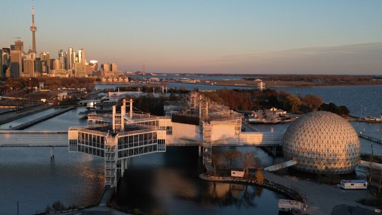 An aerial view of Ontario place as the sun sets.