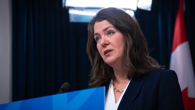 Premier Danielle Smith speaks to reporters in Edmonton about using the Sovereignty Within a United Canada Act for the first time. 