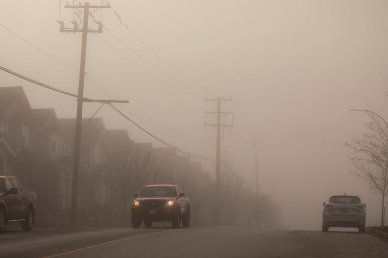 Cars on a road filled with single-family homes in heavy fog.