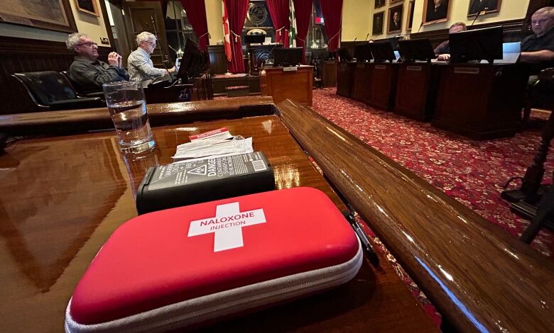 Some of the harm reduction supplies The Native Council of P.E.I. brought to Charlottetown CitY Council which include a Naloxone kit, a black secure box for used needles and three different kinds of pipes.