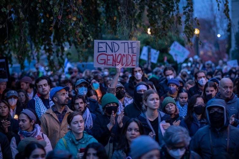 A large group of people gather for a demonstration. One holds up a sign saying 'End the genocide.'