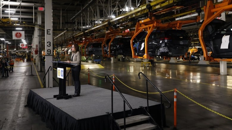 GM CEO Mary Barra speaks at a GM facility in Michigan.