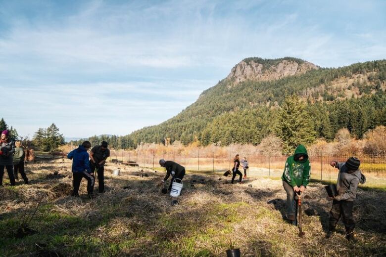 Nine young people dig and work in a plot of land, with a mountain in the distance. 